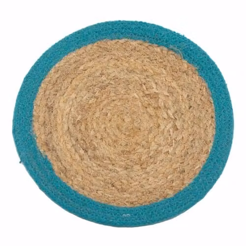 KDMD Round Jute and Cotton Place Mat in Petrol Blue, Diameter: 30 cm