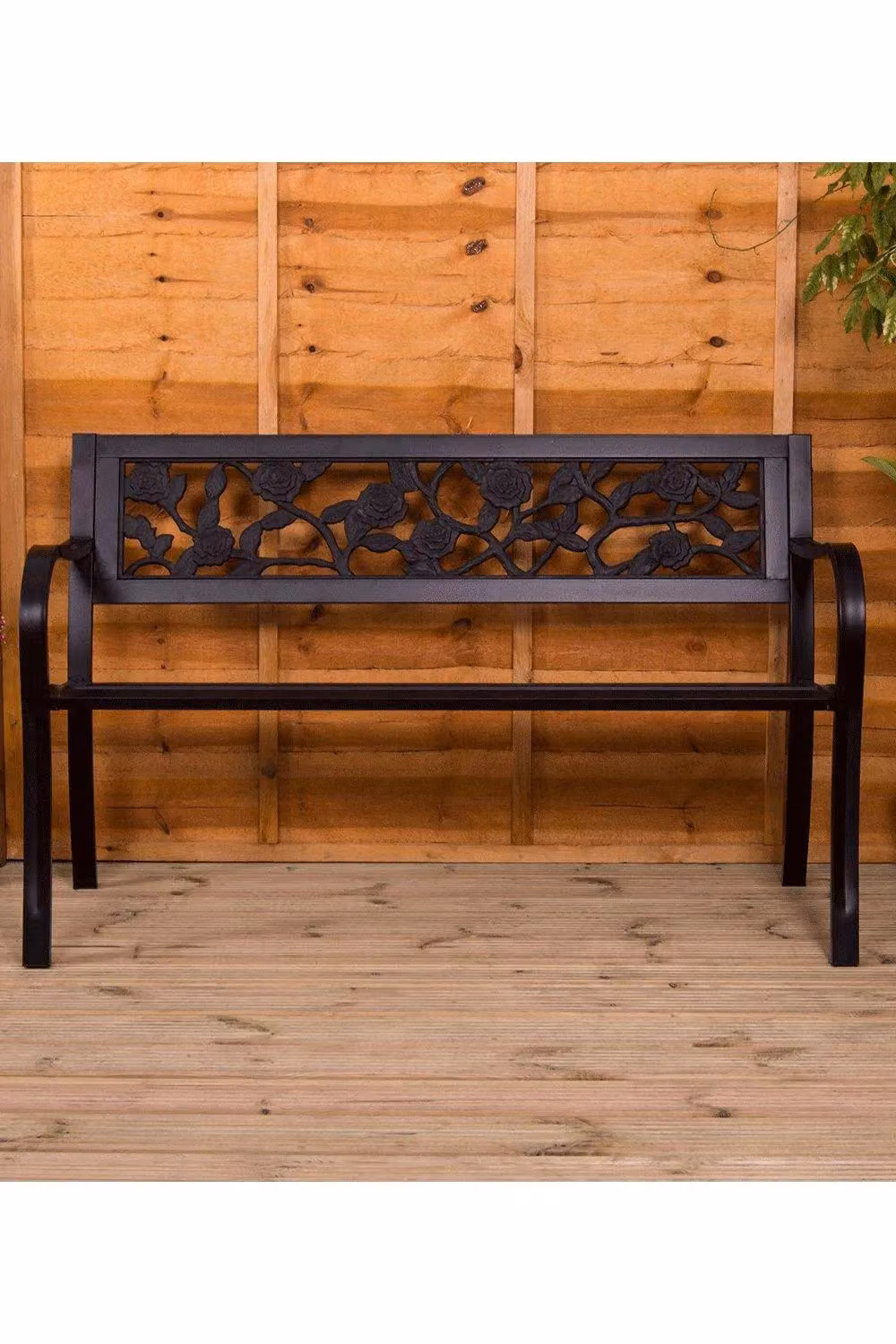 Home Discount Vida 3 Seater Steel Garden Bench with Rose Floral Design in Matt Black – 3