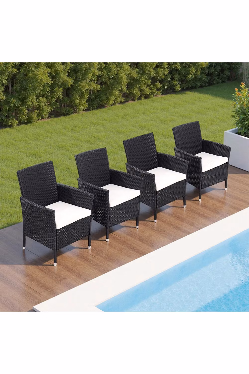 Living and Home Set of 4 Black Polyrattan Garden Chairs with Armrests and Cushions – 2