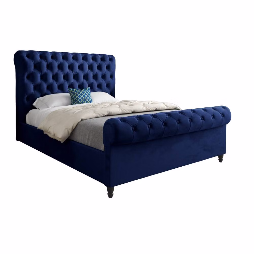 KDMD Welshampton Sleigh Upholstered Designer Bed Frame in Blue Soft Velvet, Small Single – 2