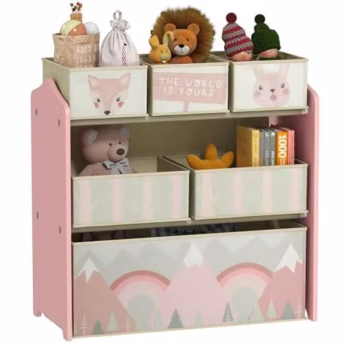 ZONEKIZ Childrens Toy Storage Unit with 6 Fabric Bins, Pink, W/D/H: 63 x 30 x 66 cm
