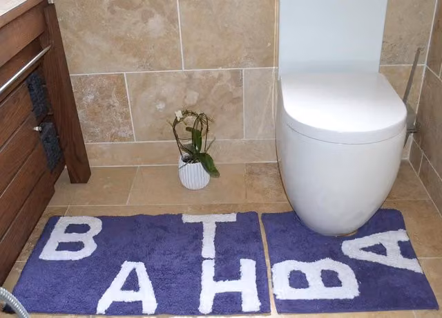 Rapport Home Text 2 Piece Cotton Bath Mat and Pedestal Mat Set in Purple, W/D/H: 80 x 50 x 2 cm