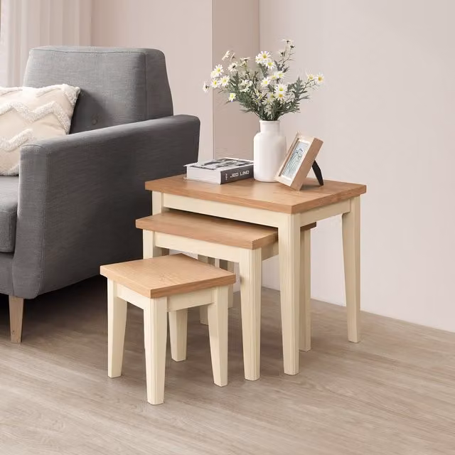 FurnitureboxUK Eden Farmhouse Nest of 3 Tables in Oak and Cream