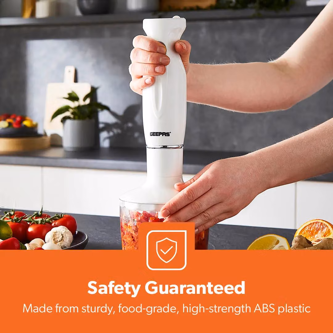 Geepas 4-in-1 Hand Blender 200W with Chopper Bowl and Whisk in White – 5