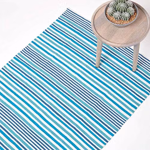 Homescapes Blue and Brown Striped Cotton Scandinavian Style Rectangular Rug, W: 90 cm, D: 150 cm