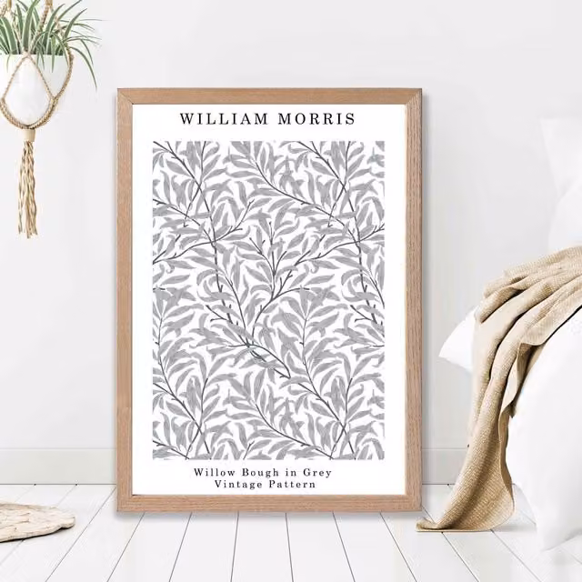 ARTZE William Morris Willow Floral Art Print in Grey with Light Grey Oak Frame, A4