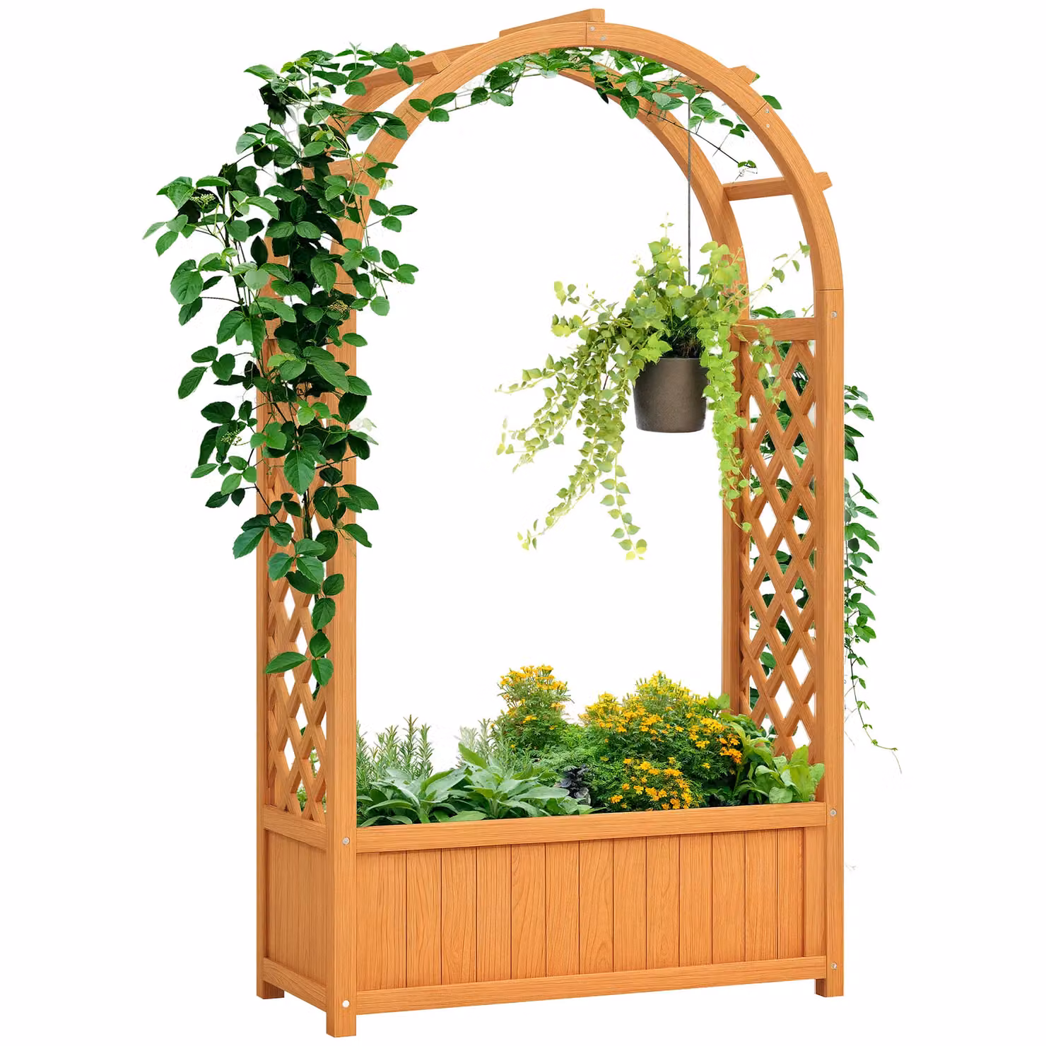 OUTSUNNY Brown Wooden Raised Garden Bed with Trellis and Fabric Liner, W/D/H: 145 x 83 x 36 cm – 2