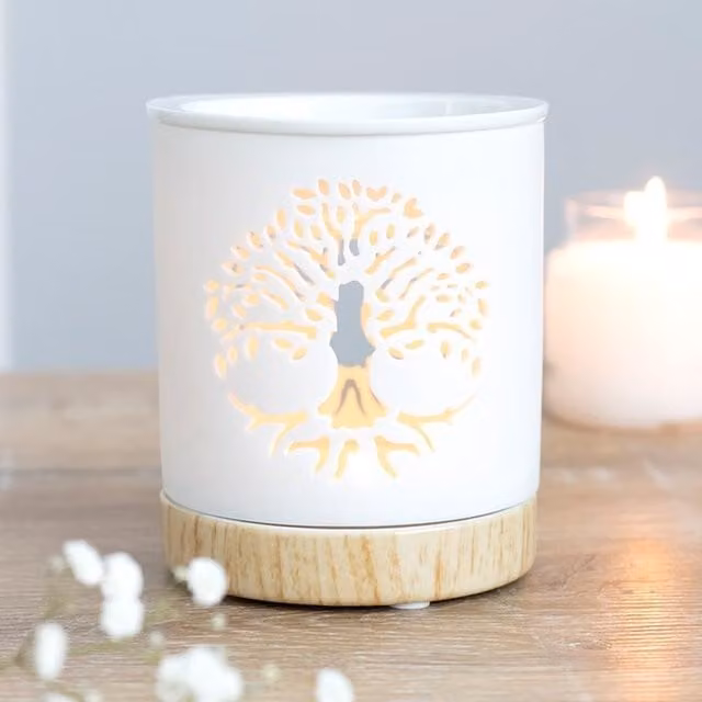 KDMK Unique Tree of Life Ceramic Oil Burner with Wood Effect Base in White