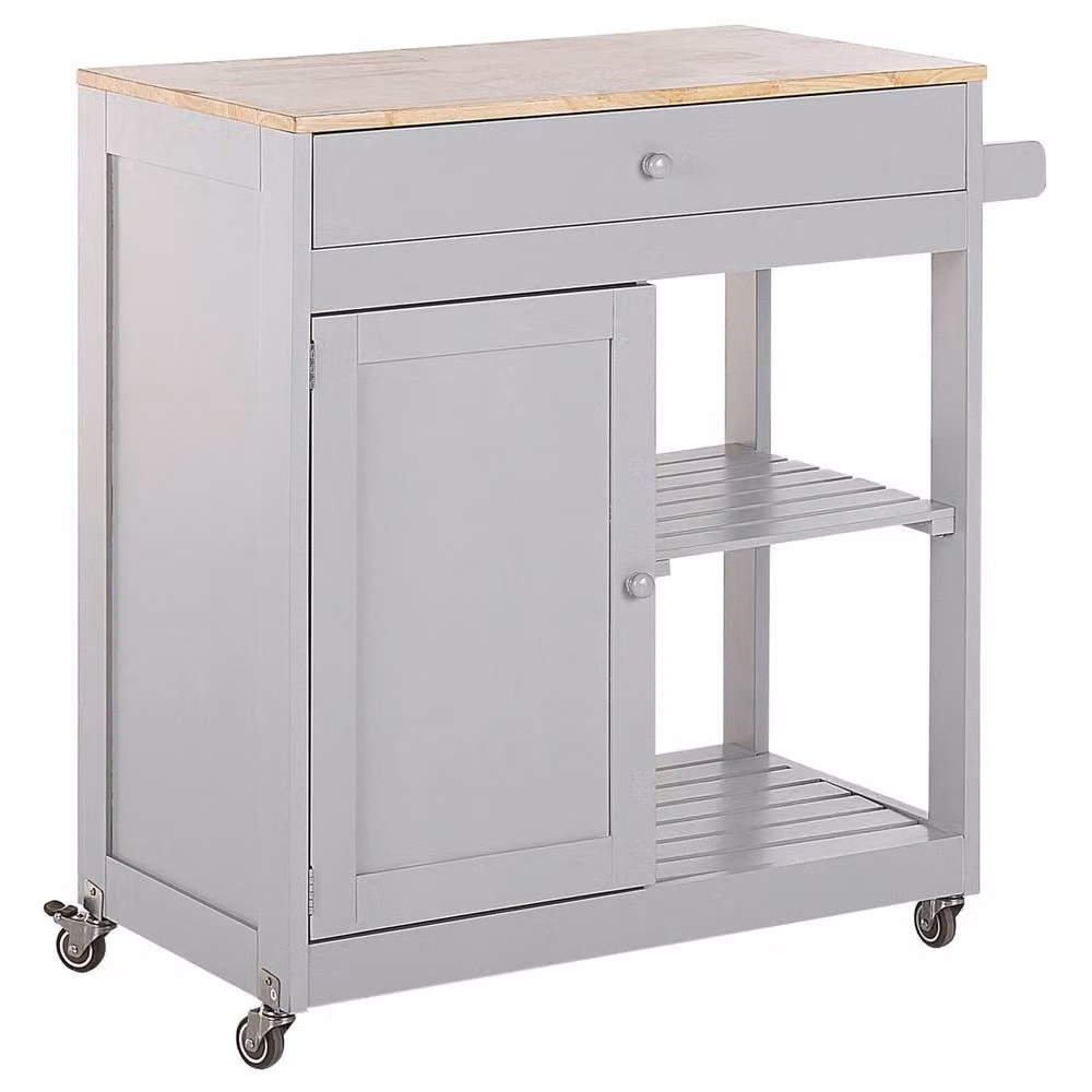 Wyld and Coco Kitchen Trolley in Grey with Rubberwood Top and Castors, W/D/H: 75 x 43 x 87 cm – 2