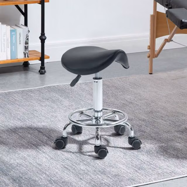 HOMCOM Black Rolling Saddle Stool with Castors and Synthetic Leather Seat for Salon, Massage, Beauty and Tattoo Use – 1