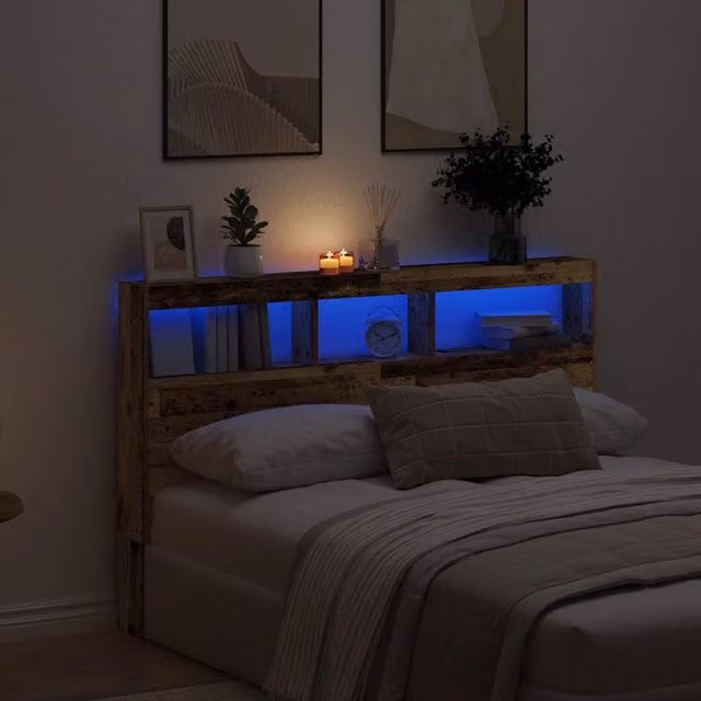 Berkfield Home Modern Headboard Cabinet with LED Lighting and USB Charging Port in Brown, W/D/H: 160 x 17 x 102 cm
