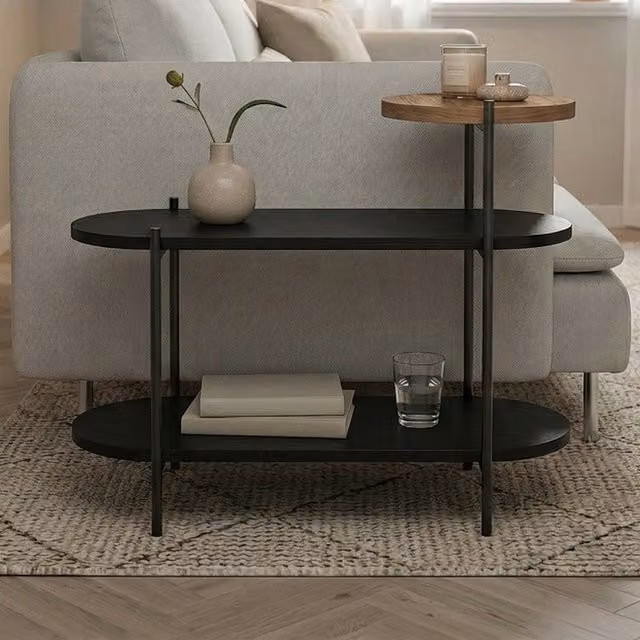 Decortie Somo 3-Tier Display Side Table with Oval and Round Shelves, Black Wood, H 63.5 x W 25.5 x D 56.7 cm
