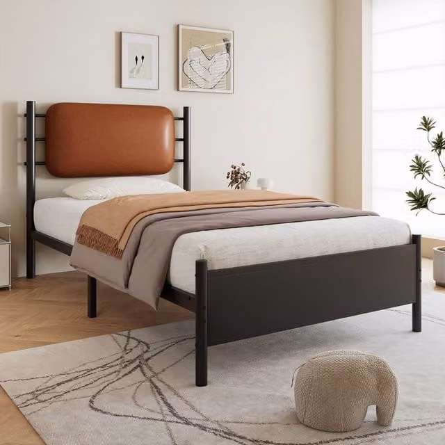 Matteo Black Wrought Iron Single Bed Frame with PU Upholstered Headboard