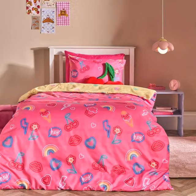 OHS Kids Neon Lights Reversible Bedding Set with Duvet Cover and Pillowcase in Pink, Single, W: 90 cm, L: 200 cm
