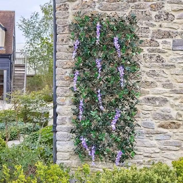 Garden Mile Artificial Woven Wisteria Hedge Screening Trellis in Green and Purple with Wood Frame