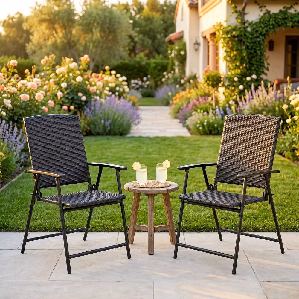 ERGOVEXA Set of Two Black Folding Polyrattan Garden Chairs with Armrests and Textilene Seats – 3
