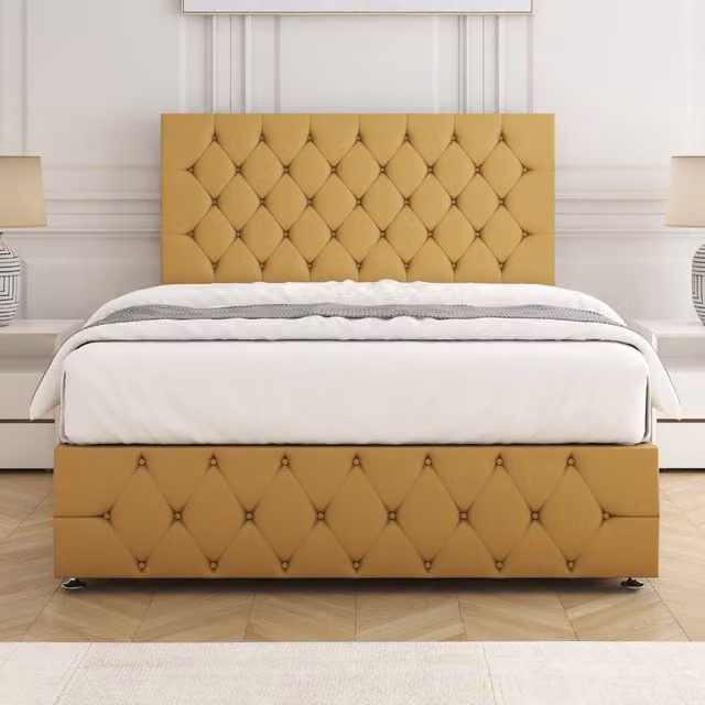 BSSPOKE Mulberry Divan Bed with 24 inch Plush Headboard and Footboard, Mustard Yellow Velvet Fabric, Super King, W/D/H: 200 x 200 cm