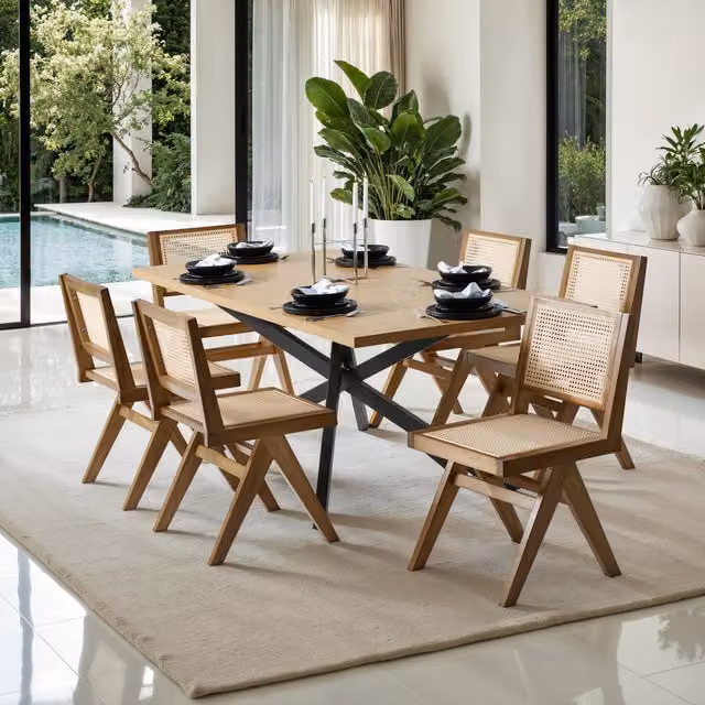 TECTAKE Mid-Century Dining Chair with Rattan Backrest and Solid Oak Wood Frame in Brown and Beige, Height: 83 cm, Set of 2
