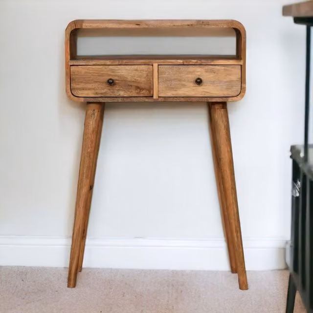 Aosom UK Mid-Century Mango Wood Narrow Console Table and Bedside Cabinet with 2 Drawers and Open Slot, Brown, W: 60 cm, D: 30 cm, H: 90 cm – 1