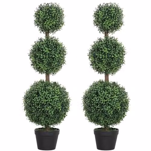 HOMCOM Set of 2 Green Decorative Artificial Trees with 3 Round Balls, Height: 100 cm