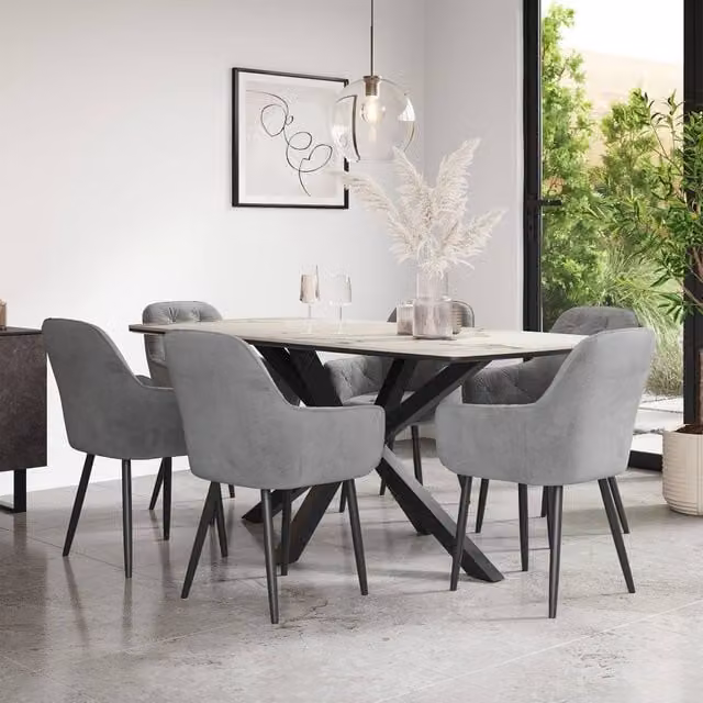 More4Homes Juno Calcutta Gold Ceramic Dining Table and 6 Anika Grey Velvet Chairs, W: 180 cm, D: 90 cm, H: 75 cm