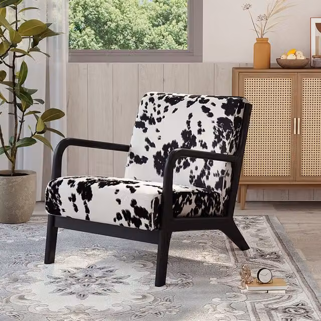 Komore Black and White Dotted Velvet Upholstered Armchair with Solid Wood Frame