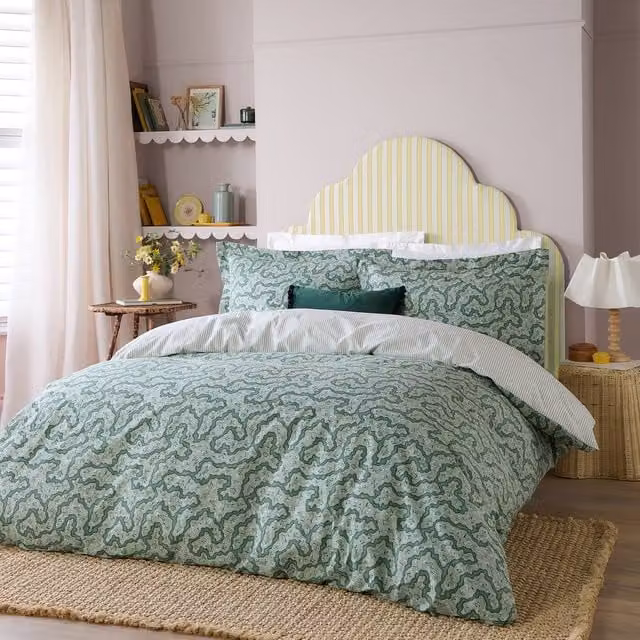 Wylder Brianna Floral 100% Cotton Duvet Cover and Pillowcase Set in Green, W: 140 cm, H: 200 cm