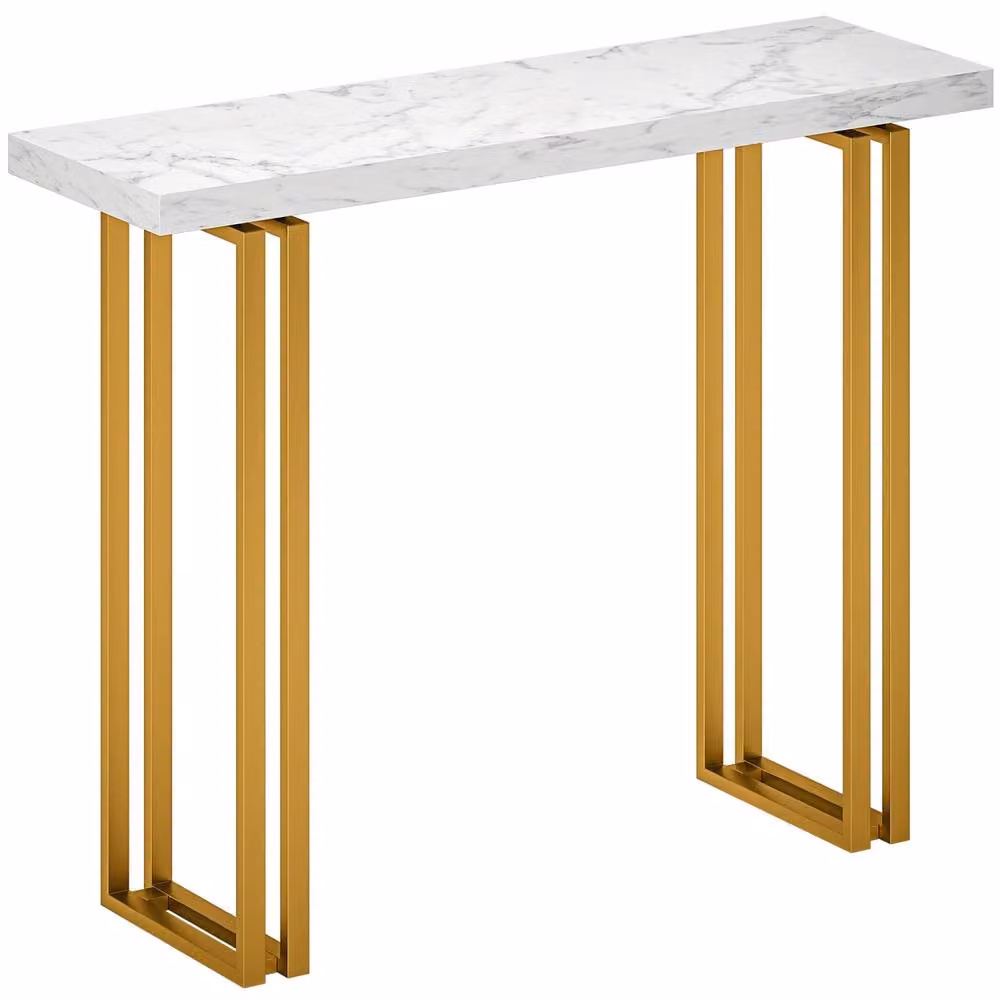 Wyld Haus Mahota Slim Faux Marble Console Table in White and Gold, W: 100 cm, H: 74.5 cm – 2