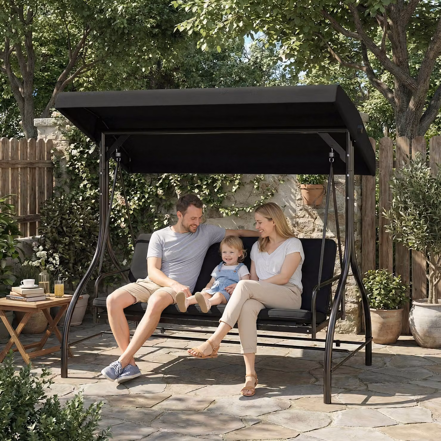 Outsunny 3 Seater Canopy Swing Chair and Convertible Garden Swing Bed in Black with Metal Frame and Cushions – 8