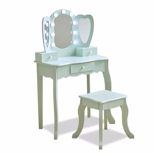 Teamson Kids Heart-Shaped Vanity in Sage Green with LED Lights, Triple Mirror, Stool and Storage Drawers W/D/H: 100.1 x 65.1 x 33.1 cm