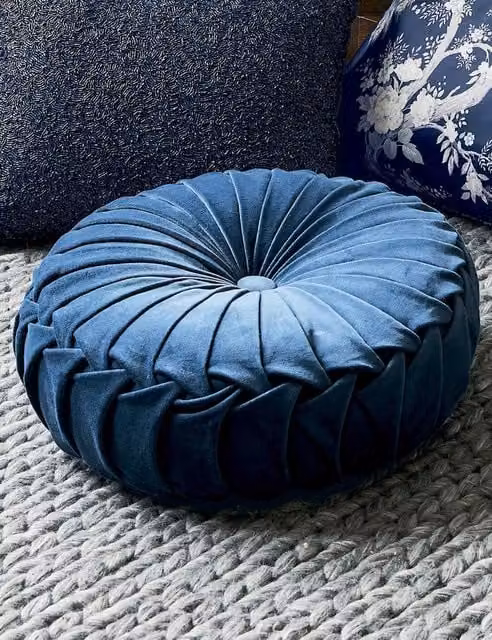 Laura Ashley Rosanna Blue Velvet Round Pleated Cushion