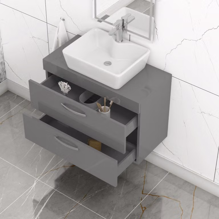 Royal Bathrooms 800mm Wall Hung Vanity Unit with 2 Drawers and Cube Countertop Basin in Indigo Grey Gloss