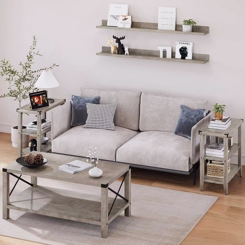 VOGREX Set of 2 Rustic Farmhouse 3-Tier Narrow Side End Tables in Grey and Black – 3