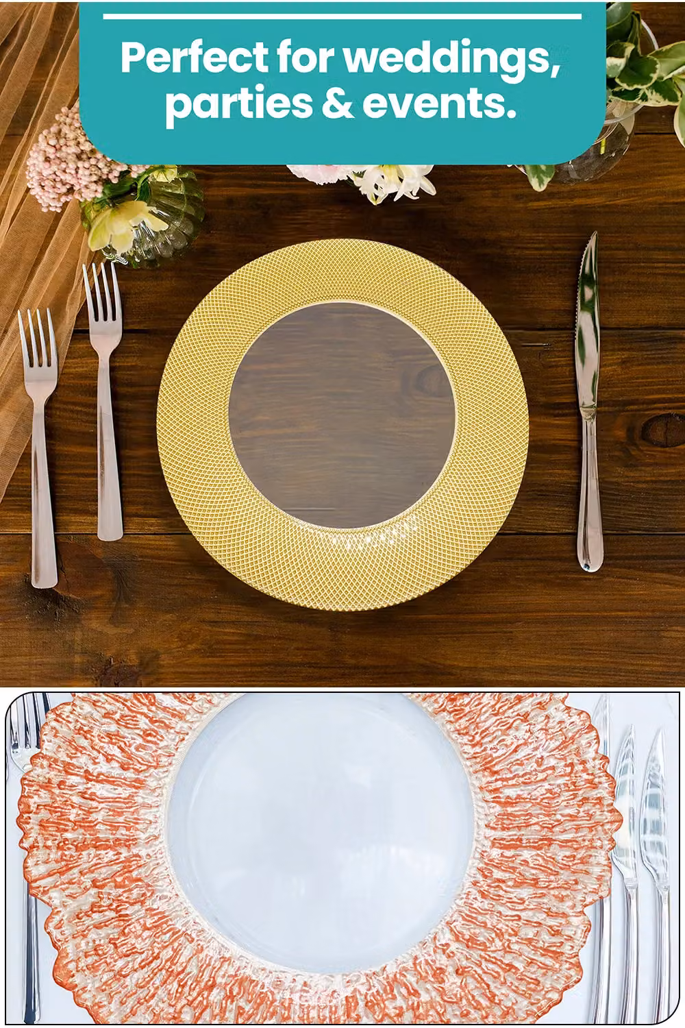 Neel Blue Set of 12 Checkered Glass Charger Plates in Blue and Metallic Gold, Diameter: 33 cm – 3