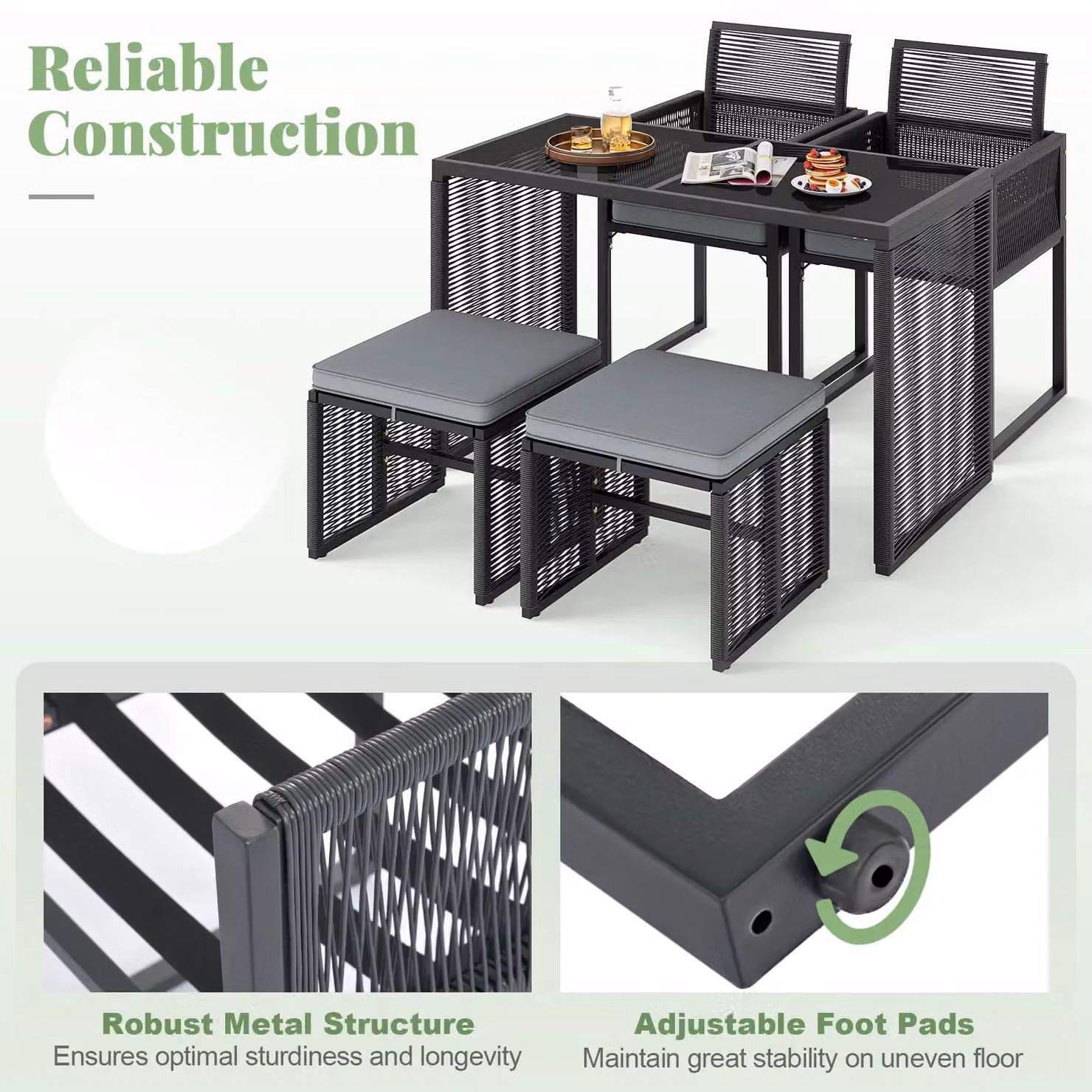 Costway 5 Piece Grey Polyrattan Outdoor Patio Dining Set with Glass Top Table – 4