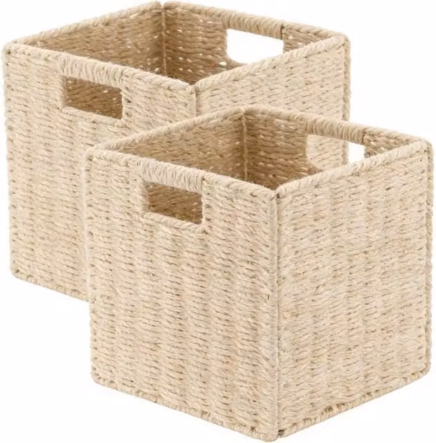 Kelvenix Set of 2 Foldable Open Weave Storage Baskets with Handles, Beige – 1