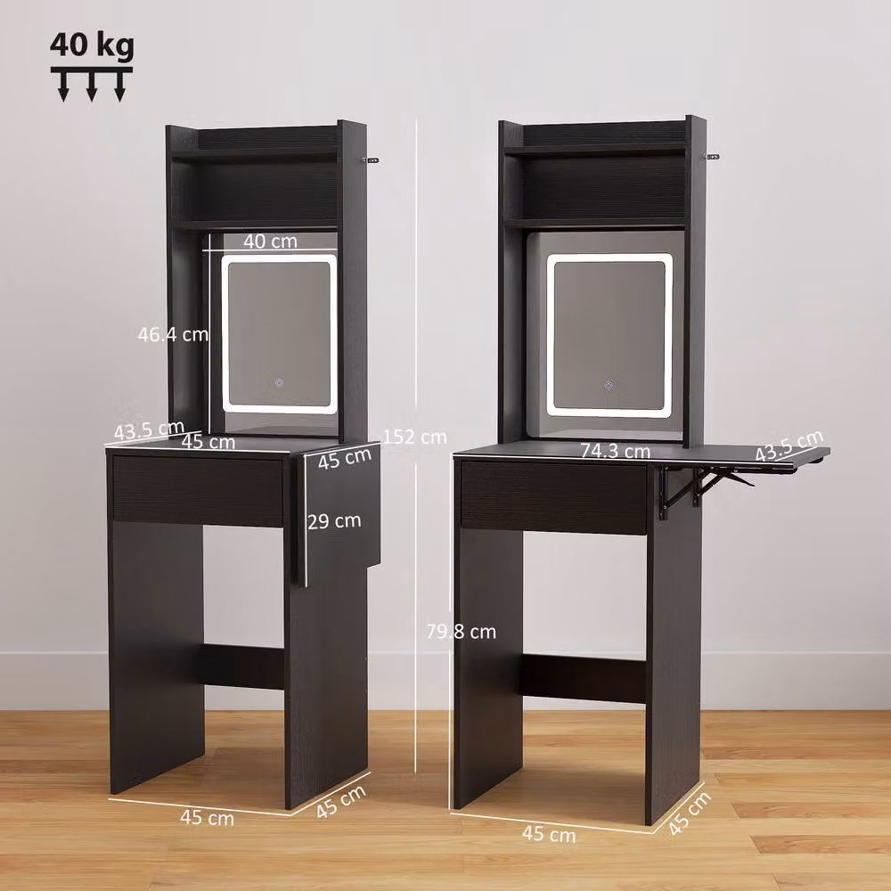 STILVORA Modern Black Dressing Table with LED Mirror, Drop Leaf and Drawer – 2