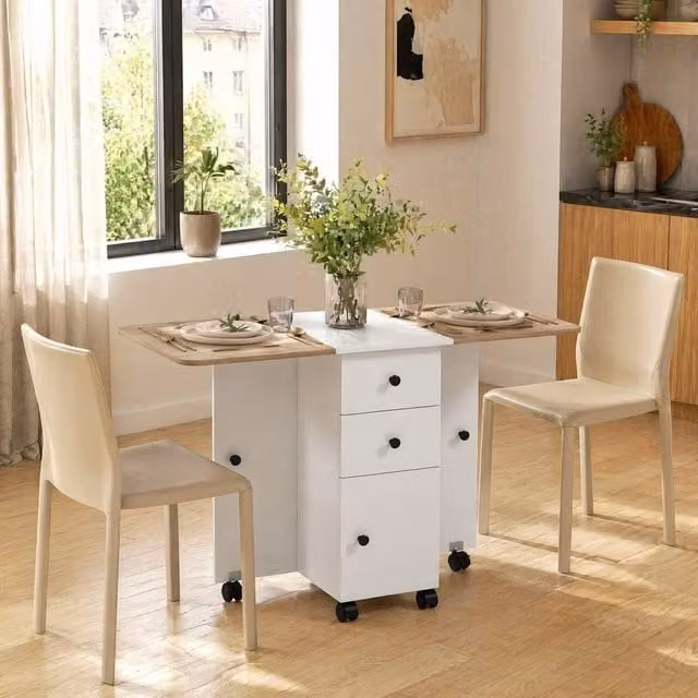 STILVORA Drop Leaf Dining Table with Storage and Castors in White – 1