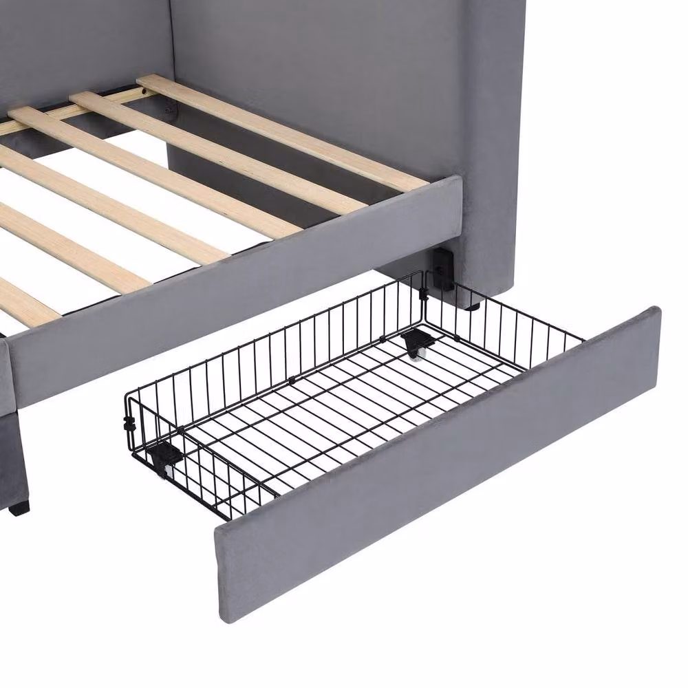 FORGEVIO Modern Upholstered Velvet Bed Frame with Drawers in Grey, W/D/H: 90 x 190 cm – 3