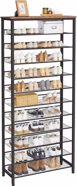Furnold 12-Tier Ladder Shoe Rack Storage Organiser with Mesh Shelves, Rustic Brown, H 158 x W 33 x D 30 cm