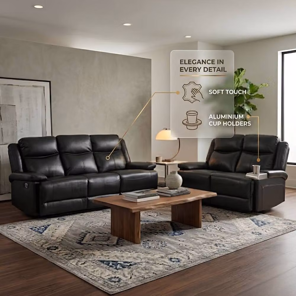 HOME LUXE INTERIOR Casper Black Leather 3 and 2 Seater Manual Recliner Sofa Set Pack – 6
