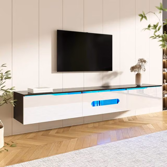 Merax Wall-Mounted High-Gloss TV Stand with Adjustable LED in White – 1