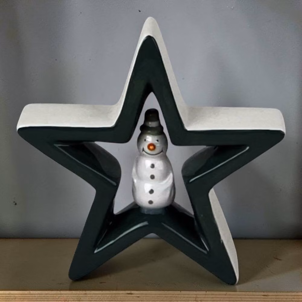 Four Candle Dark Green and Silver Ceramic Star with Snowman Tabletop Christmas Decoration – 2
