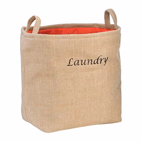 Orsina Natural Jute and Cotton Laundry Bag with Handles, Beige and Orange – 1