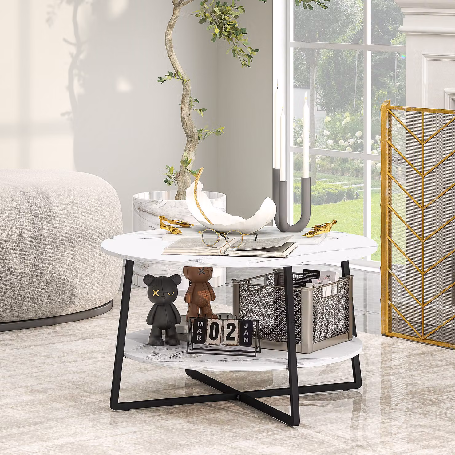 HOMCOM 2-Tier Round Coffee Table with Marble Effect Top and Storage Shelf in White – 2