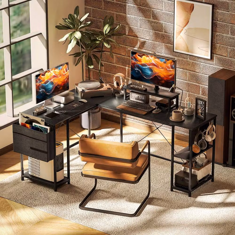 Rolipo Reversible L-Shaped Corner Computer Desk with Shelf and Monitor Stand, Black – 3