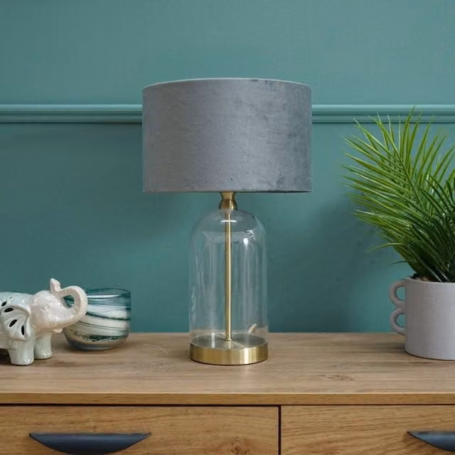 ValueLights Jessy Gold Glass and Metal Table Lamp with Grey Fabric Shade