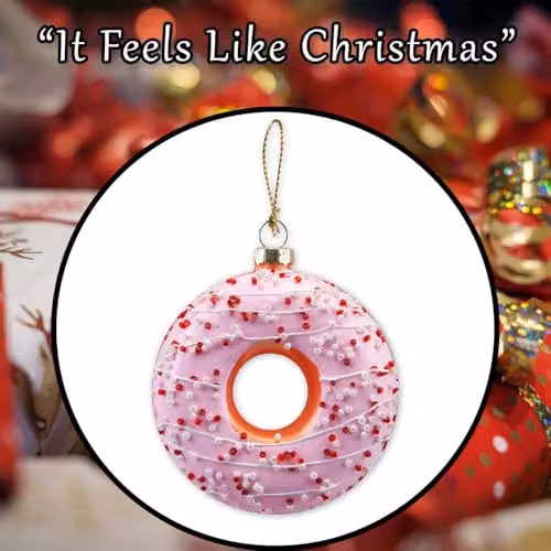 VFM e-Store Pink and White Glass Doughnut Christmas Hanging Ornament, W: 12 cm, H: 9 cm – 6