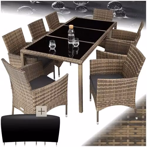 tectake Modern Polyrattan Garden Furniture Set in Nature with 1 Rectangular Glass Dining Table and 8 Chairs with Removable Weather-Resistant Cushions – 1
