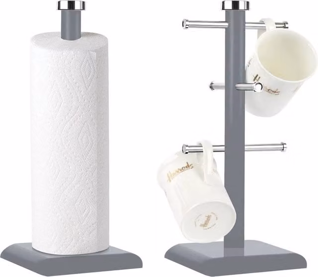 Nordara Grey Freestanding Mug Tree and Paper Towel Pole Set in Stainless Steel and Coated Steel, W/D/H: 30 x 15 x 2 cm